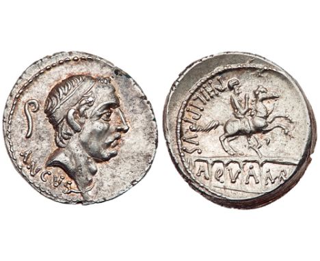 L. Marcius Philippus. Silver Denarius &#40;3.99 g&#41;, 57 BC. Rome. ANCVS below, diademed head of Ancus Marcius right; behin