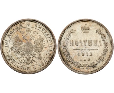 Poltina 1873 CÐŸÐ‘-HI. Large eagle. Bit 115 &#40;R&#41;, Sev 3832 &#40;S&#41;. Reverse scratch. Decent lustre. About Uncircul