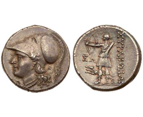 Sicily, Syracuse. Fifth Democracy. Silver 12 Litrai &#40;10.19 g&#41;, 214-212 BC. Helmeted head of Athena left; behind, A&Ga