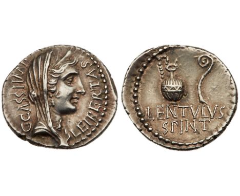 C. Cassius Longinus. Silver Denarius &#40;3.87 g&#41;, 42 BC. Military mint, probably at Smyrna. P. Lentulus Spinther, legate