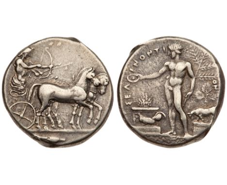 Sicily, Selinos. Silver Tetradrachm &#40;17.04 g&#41;, ca. 440-430 BC. &Sigma;E&Lambda;-IN-[ONTION], Artemis, holding reins, 