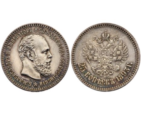 25 Kopecks 1893 AÐ“ Bit 96 &#40;R&#41;, Sev 4015 &#40;RR&#41;. 8,008 pieces struck. A few reverse hairlines. Toned. Estimated