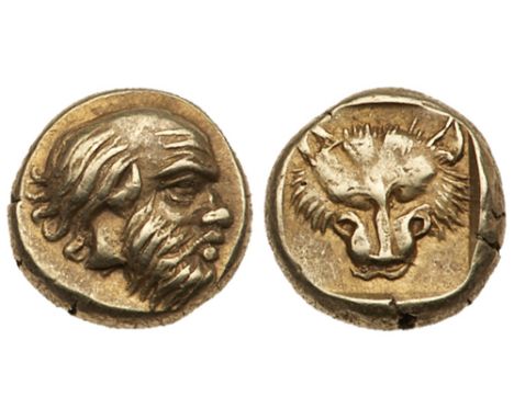 Lesbos, Mytilene. Electrum Hekte &#40;2.53 g&#41;, ca. 454-428/7 BC. Bearded head of Silenos right. rev. Head of lion facing 