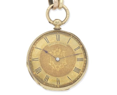 Benson, London. An 18K gold key wind open face fob watchDate: Circa 1830Movement: Cylinder, 3-arm balanceDial: Guilloche engr