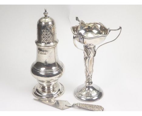 Silver pepperette, Sheffield 1900, a three handled vase and trowel book marker 1887. 