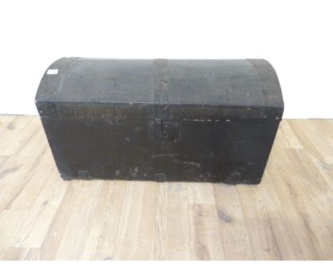 Antique black painted dome top trunk with metal banding and carrying handles, 27cm wide. 
