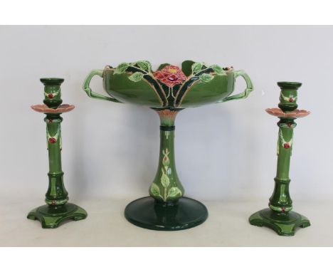 Eichwald large Art Nouveau twin handled comport decorated with pink roses on green ground, 35cm high and a similar pair of Ei