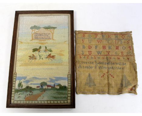 Late 18th/early 19th century sampler worked by Eleanor Hardacre, aged 13, in red, blue and yellow ochre silk threads on natur