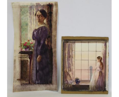 ORLANDO GREENWOOD (BRITISH 1892-1989).Portrait of a lady in a purple dress.Watercolour - unmounted and unframed.40cm x 17cm.S