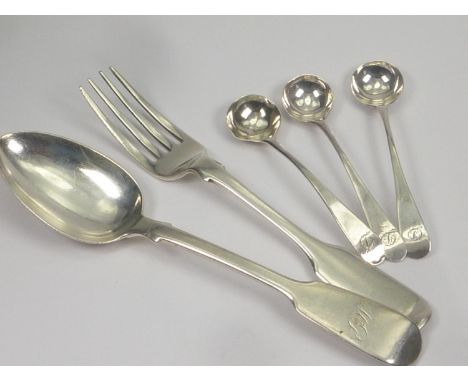 Silver dessert spoon and fork, 1844 and 1853 and three salt spoons 1804. (5). 