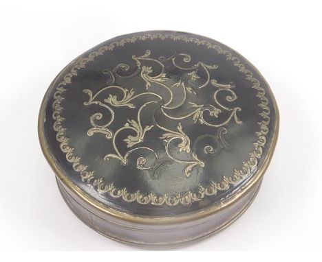 Georgian silvered brass circular box with detachable inlaid lid and engine turned base. 60cm.&nbsp; 