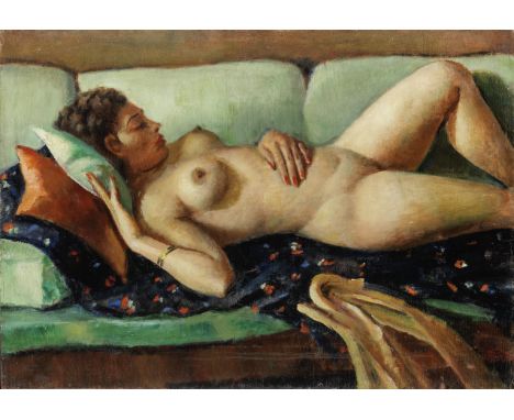 Mahmoud Said (Egypt, 1897-1964)Nu couché au divan blue (Nude Reclining on a Blue Couch) oil on panel, framedsigned 'Mahmoud B