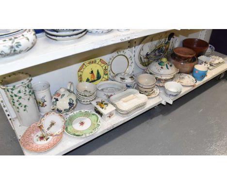 Three shelves of decorative and domestic ceramics including vases, huge meat plate, pottery, a selection of decorative cups a