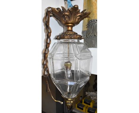 A hexagonal glass ceiling light with gilt metal mounts, another of hexagonal pointed form, and a hall lantern (3).