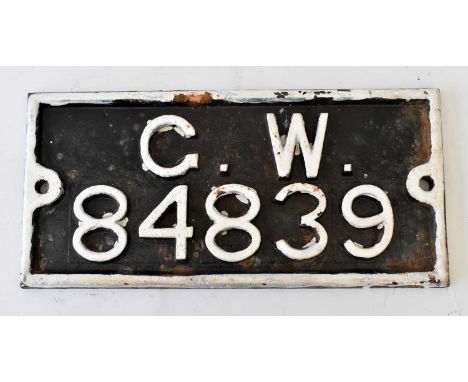 RAILWAYANA; a cast iron registration numberplate GW 84839, 15 x 31.5cm.