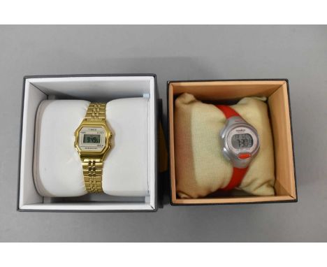 TIMEX; two wristwatches comprising an 'Iron Man Triathlon Match' watch with red plastic strap, and another with a gold colour