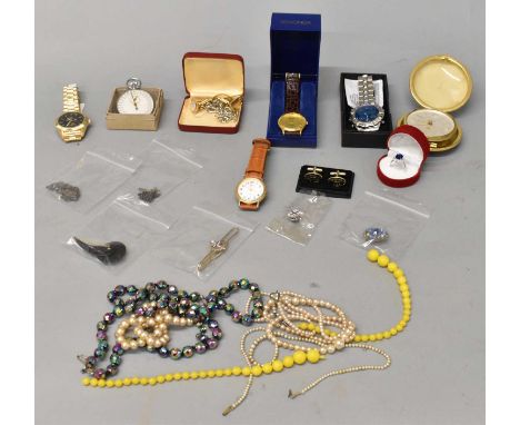 A mixed lot including stopwatch, four modern gent's watches, alarm clock, and a small quantity of costume jewellery.