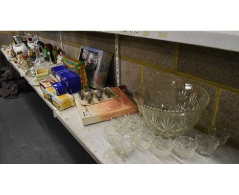 Four shelves of assorted items including a Murano swan dish, a silver plated drinks tray, two pottery elephant jardinieres, a