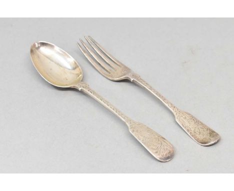 FH; a Victorian hallmarked silver fork and matching spoon, London 1864, approx 2.22ozt/69g.