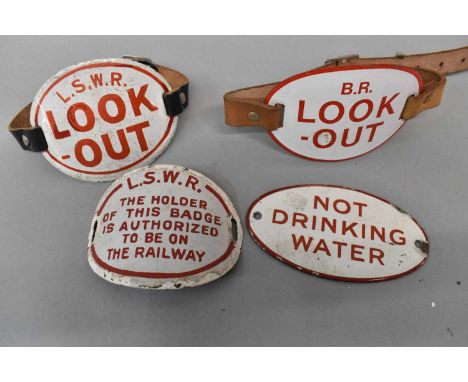 BR 'Look Out Close' red and white enamel arm band, an LSWR example, another, and an oval plaque 'Not Drinking Water (4).