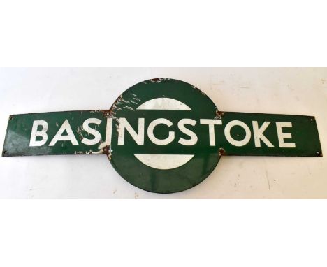 RAILWAYANA; Southern Railway green enamel station sign 'Basingstoke' (rusty), 33 x 91.5cm.