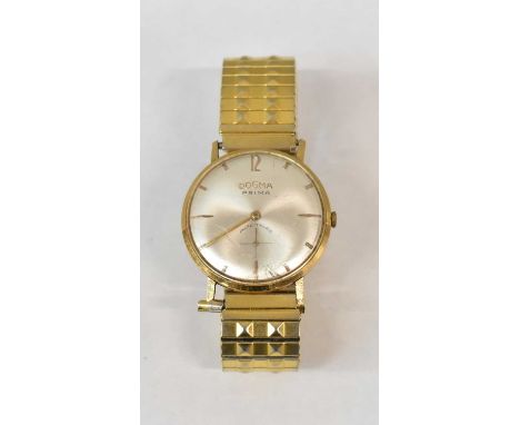 DOGMA, an 18ct gold 'Prima' gentleman's manual wind wristwatch on gold plated stainless steel expanding bracelet strap.