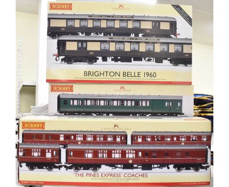 HORNBY; a OO gauge 'The Pines Express' Coaches' (pack of three), a BR pull/push coach set, and a Brighton Bell 1960 coach (3)