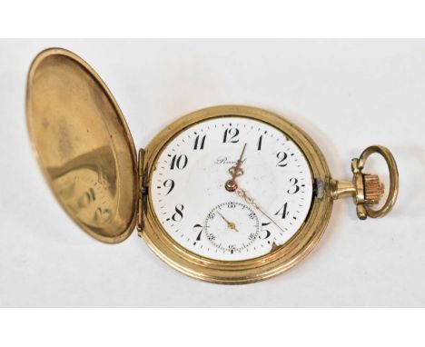 RECORD; a gold plated hunter cased crown wind pocket watch, the white enamel dial with Arabic numerals and subsidiary seconds