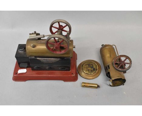 FLEISCHMANN; a brass stationary steam engine, length 20cm, and another with label for Mechanical Crafts Tech Institute 1910 (