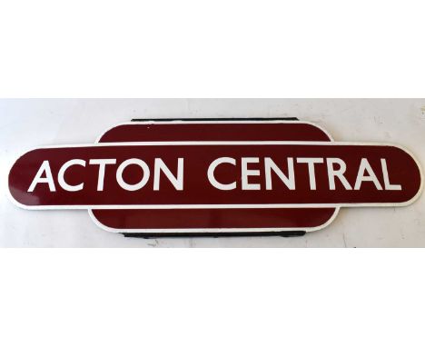 RAILWAYANA; burgundy enamel totem 'Acton Central', 26 x 91cm.