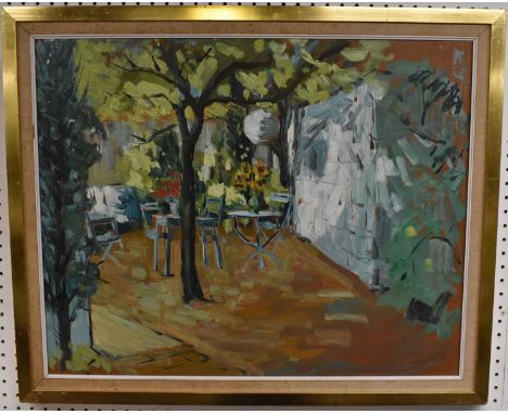 UNATTRIBUTED; oil on board, outdoor scene with table and chairs, unsigned, 60 x 75cm, framed, also a decorative blackboard, m