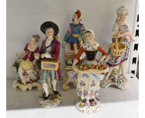 A pair of Sitzendorf figures, height 16cm and 15cm, with three other Continental porcelain figures (part af).