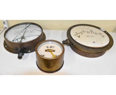 RAILWAYANA; a London &amp; South Western Railway brass faced and white enamel dial pressure gauge, diameter of frame 21cm, a 