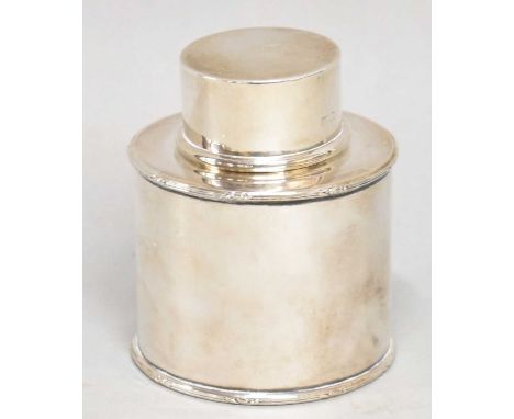 A Birmingham hallmarked silver circular tea caddy, rubbed/indistinct marks, height 8cm, approx 3.8ozt/119g.Dent to base rim.