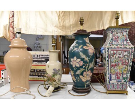 A large modern Canton style table lamp, height to top of fitment 54cm, with three other various lamps (4).