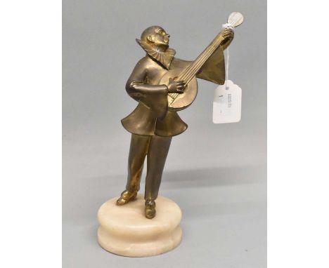 An Art Deco gilt metal figure of a Pierrot playing the lute, height 23cm.