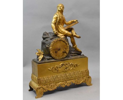 A 19th century French gilt metal figural eight day mantel clock with painted Roman numerals to the circular chaptering on a s