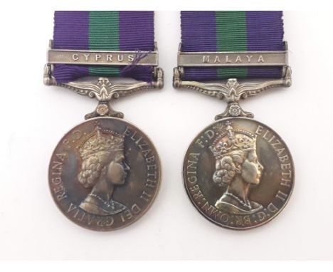 Two Elizabeth II General Service medals: 'T/22562246 CPL. R. F. HOWARTH. R.A.S.C.' with Malaya bar and 'T/23574859 DVR. G.A. 