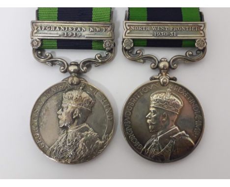 Two India General Service medals 1908-1935, '10831 PTE. T.P. EVANS. KING'S REGT. with Afghanistan N.W.F 1919 bar and '3594476