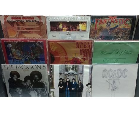 A collection of LP records to include Bob Marley, AC/DC, Stevie Wonder, Elton John, Marvin Gaye, Kate Bush, The Jackson 5, Th