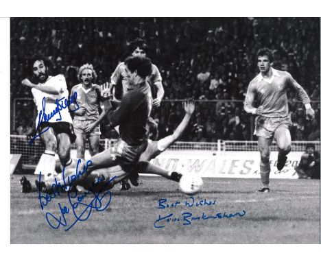 Joe Corrigan, Ricky Villa and Keith Burkinshaw Tottenham Signed 16 x 12 inch football photo. Good Condition. All autographs a