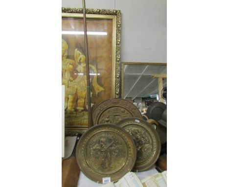 Three brass wall plaques and a copper post horn.&nbsp;&nbsp;(Collect only).