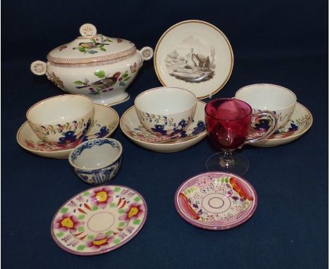 3 Keeling blue rock pattern teabowl and saucers c1800 , a spode hand-painted scene saucer , a Coalport sauce tureen decorated