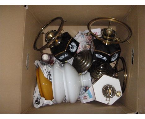 Three large rose decorated ceramic bowl oil lamps, shades, chimneys etc.