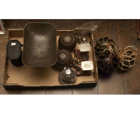 A late Victorian set of kitchen scales and weights, an early 20th century postal scale and weights, three green glass fisherm