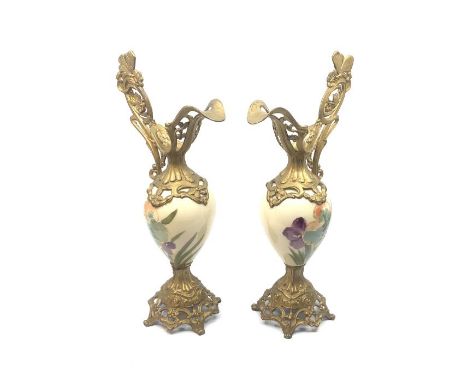 A pair of mid 20th century gilt metal and ceramic vases, 38cm high (2)