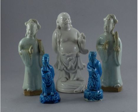 Pair of Chinese Guanyin figures , a pair if blue glazed Chinese figures and and a single Chinese figure , 19th and 20th c Lar