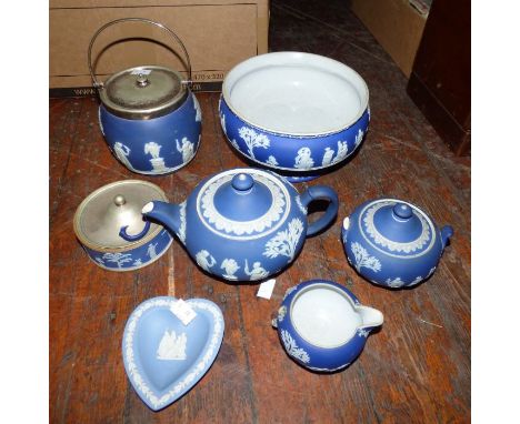 Wedgwood Jasperware items to include dark blue pedestal bowl H 12.5 x Diameter 21 cms , Biscuit barrel and lid, teapot, sugar