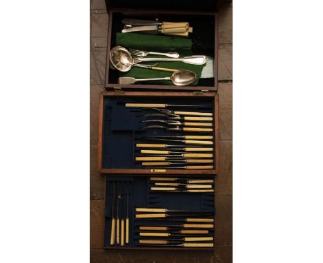 A Christophle fiddle and thread pattern plated soup ladle, various plated knives with bone handles, some cased. pickle forks 