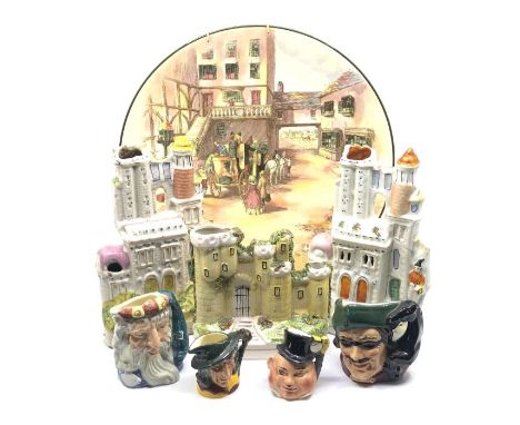 A Royal Doulton Old English coaching scene charger, together with:- two late 19th century ceramic Staffordshire buildings; a 
